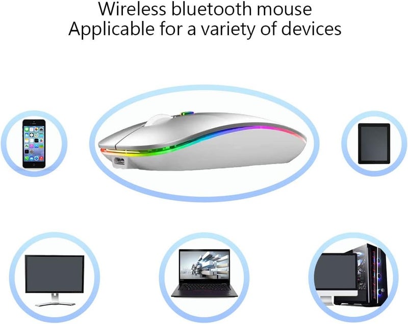 WREANU Wireless Bluetooth Mouse Rechargeable Laptop Mice with LED Lights Silent Slim Use(BT5.2 and 2.4G Portable USB Receiver)Dual Mode Computer Mouse for Laptop/iPad/Tablet/Apple/Computer/Mac(Silver) - Image 4