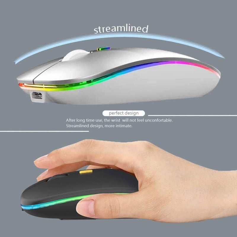 WREANU Wireless Bluetooth Mouse Rechargeable Laptop Mice with LED Lights Silent Slim Use(BT5.2 and 2.4G Portable USB Receiver)Dual Mode Computer Mouse for Laptop/iPad/Tablet/Apple/Computer/Mac(Silver) - Image 2