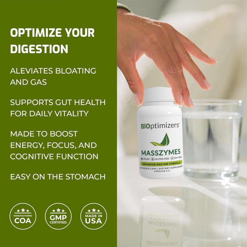 BiOptimizers MassZymes - Complete Digestive Enzymes Supplement for Gut Health - Bloating Relief for Men and Women - Lipase Amylase Bromelain Digestive Enzymes (30 Capsules) - Image 3