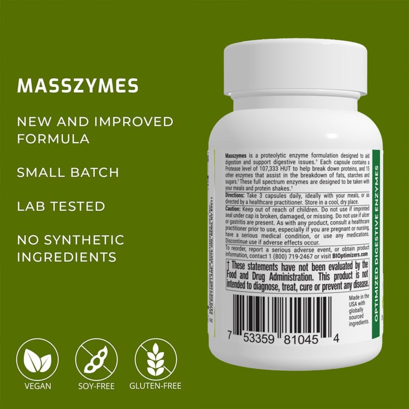 BiOptimizers MassZymes - Complete Digestive Enzymes Supplement for Gut Health - Bloating Relief for Men and Women - Lipase Amylase Bromelain Digestive Enzymes (30 Capsules) - Image 5