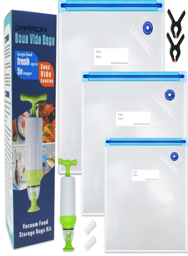 daarcin Sous Vide Bags 20pack Kit,Daarcin 3 Sizes Sous Vide Bag Kit with Pump-15 BPA Free Reusable Vacuum Sealer Bags-1 Hand Pump-2 Zipper Clips-2 Clamps for Food Storage and Sous Vide Cooking - Image 1