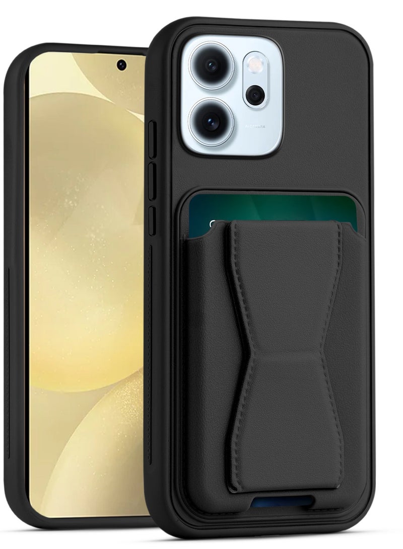 غطاء خلفي من الجلد مع محفظة بطاقات، جراب قابل للطي ومقاوم للصدمات متوافق مع Oppo Reno 14F/Reno 15F (أسود)