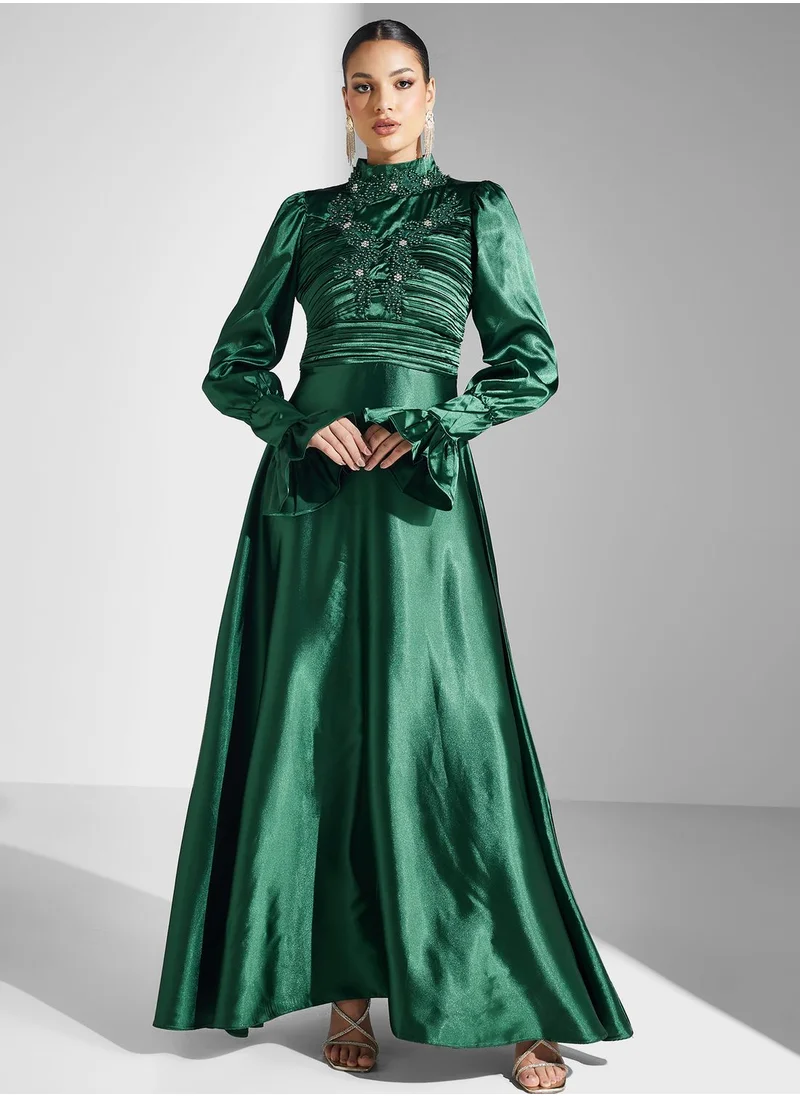 Khizana Ruched Detail Embroidered Dress