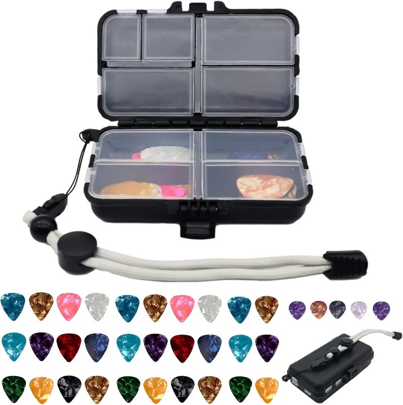 Aestivate Guitar Pick Holder with 35 Picks in 4 Sizes 4 Thickness Celluloid Guitar Pick, Guitar Picks Set 9 Grids Case Portable Picks Organizer Box with Adjustable Nylon Wrist Strap Lanyard - Image 1