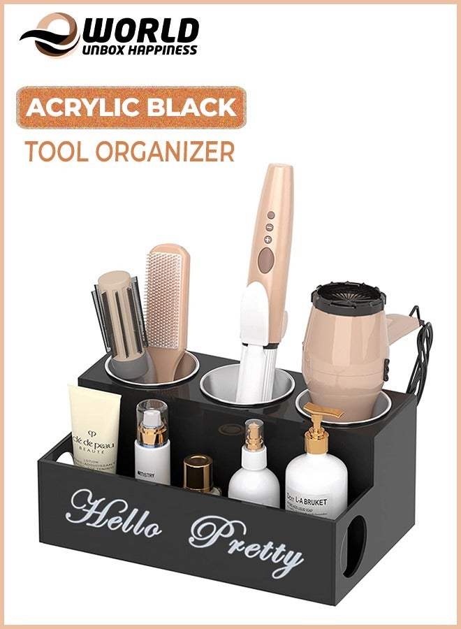 Eworld Black Acrylic Hair Tools Organizer with 3 Stainless Steel Cups, Ultimate Solution for Stationery, Cosmetics, Toiletries and Vanity Accessories, Perfect for Home, Office, and Hotel. - Image 1
