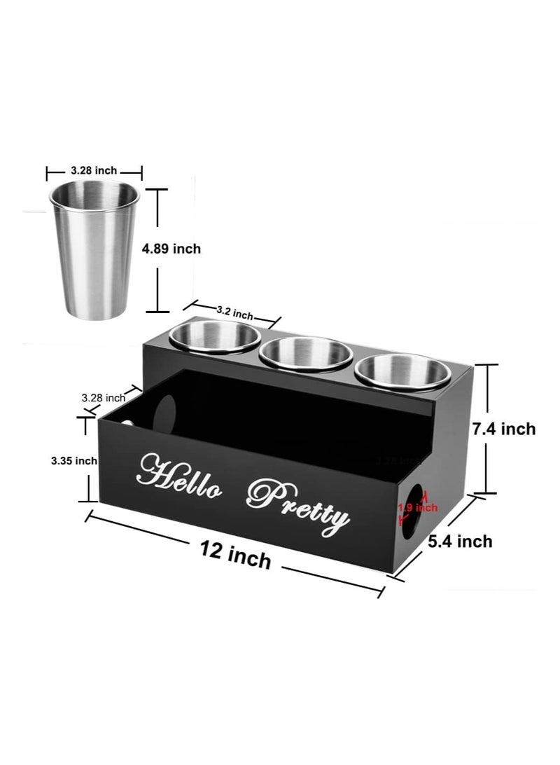 Eworld Black Acrylic Hair Tools Organizer with 3 Stainless Steel Cups, Ultimate Solution for Stationery, Cosmetics, Toiletries and Vanity Accessories, Perfect for Home, Office, and Hotel. - Image 2