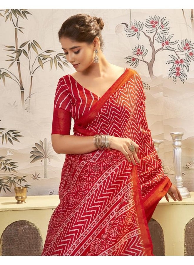 SIRIL Women's Cotton Blend | Geometric Printed Saree | Zari Stripe Border Saree With Unstitched Blouse Piece (3774S176A_Red) - Image 5