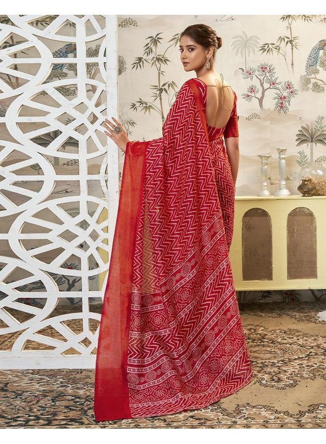 SIRIL Women's Cotton Blend | Geometric Printed Saree | Zari Stripe Border Saree With Unstitched Blouse Piece (3774S176A_Red) - Image 3