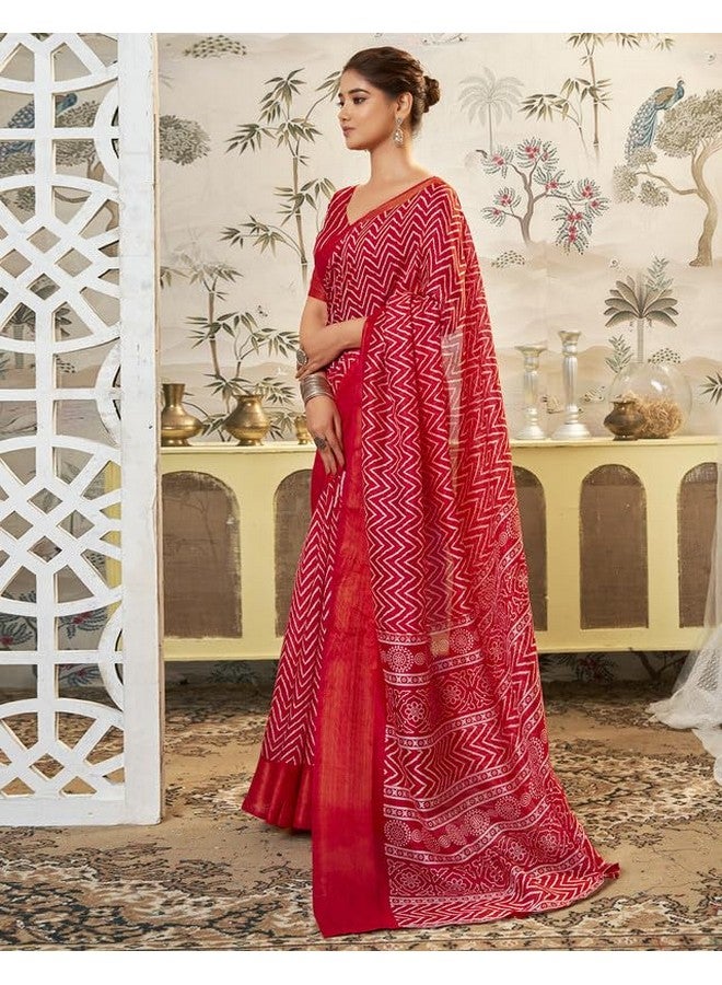 SIRIL Women's Cotton Blend | Geometric Printed Saree | Zari Stripe Border Saree With Unstitched Blouse Piece (3774S176A_Red) - Image 2