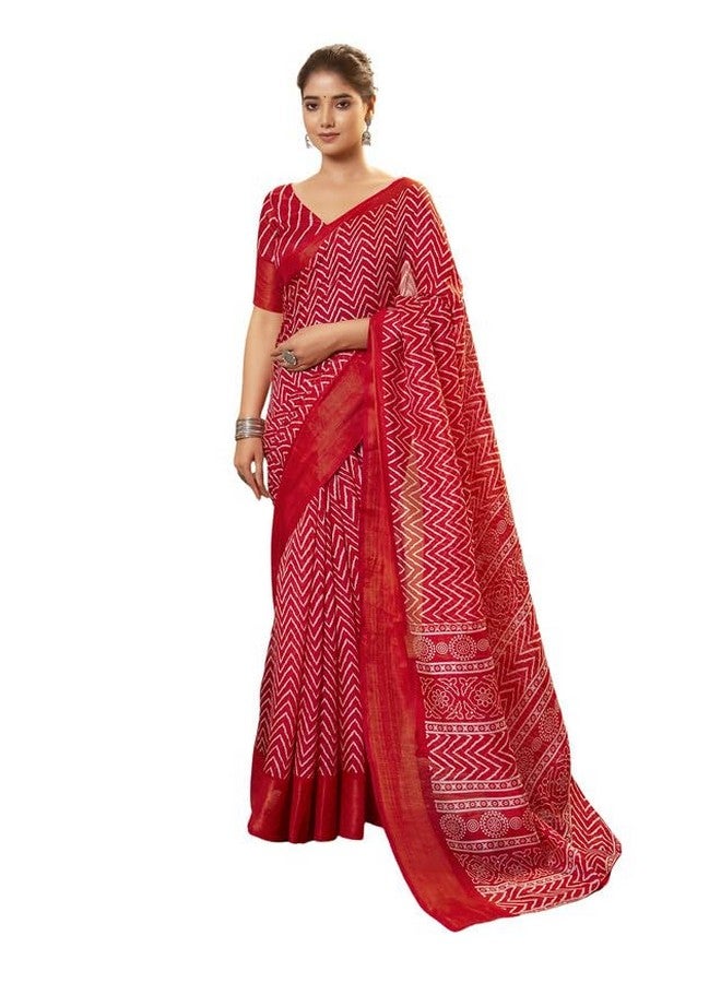 SIRIL Women's Cotton Blend | Geometric Printed Saree | Zari Stripe Border Saree With Unstitched Blouse Piece (3774S176A_Red) - Image 1