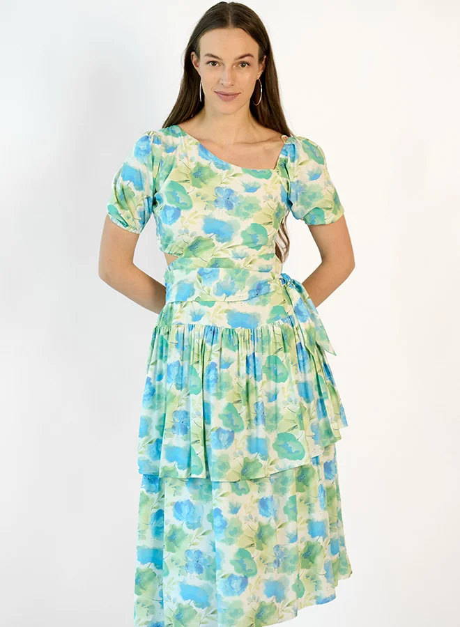 فيرجيو VIRGIO 100% Viscose Floral Tiered Cut Out Dress
