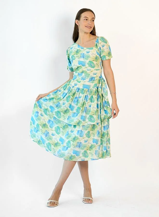 فيرجيو VIRGIO 100% Viscose Floral Tiered Cut Out Dress