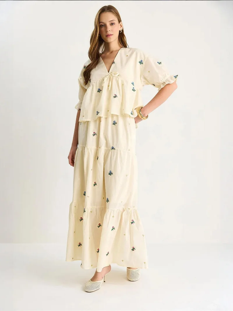 Bianco Lucci Stone Natural LUCCI Flower Embroidered V-Neck Oversized Two-Piece Set for Women | Best Price UAE