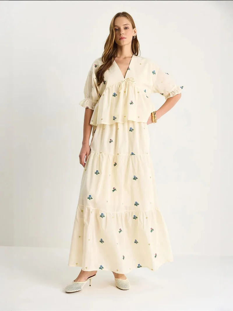 Bianco Lucci Stone Natural LUCCI Flower Embroidered V-Neck Oversized Two-Piece Set for Women | Best Price UAE