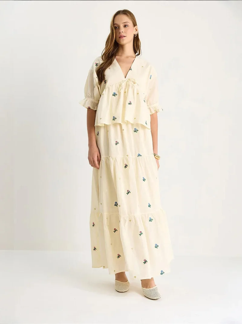 Bianco Lucci Stone Natural LUCCI Flower Embroidered V-Neck Oversized Two-Piece Set for Women | Best Price UAE