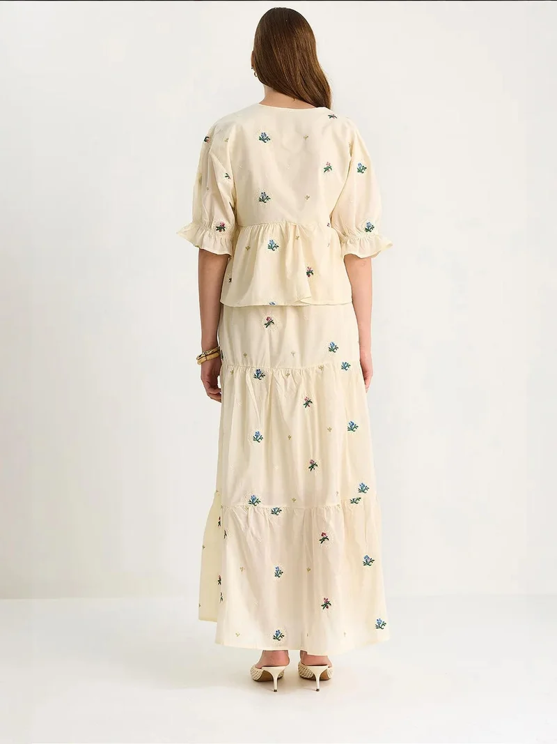 Bianco Lucci Stone Natural LUCCI Flower Embroidered V-Neck Oversized Two-Piece Set for Women | Best Price UAE