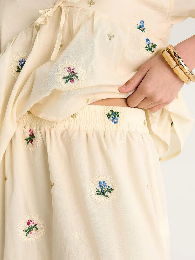 Bianco Lucci Stone Natural LUCCI Flower Embroidered V-Neck Oversized Two-Piece Set for Women | Best Price UAE