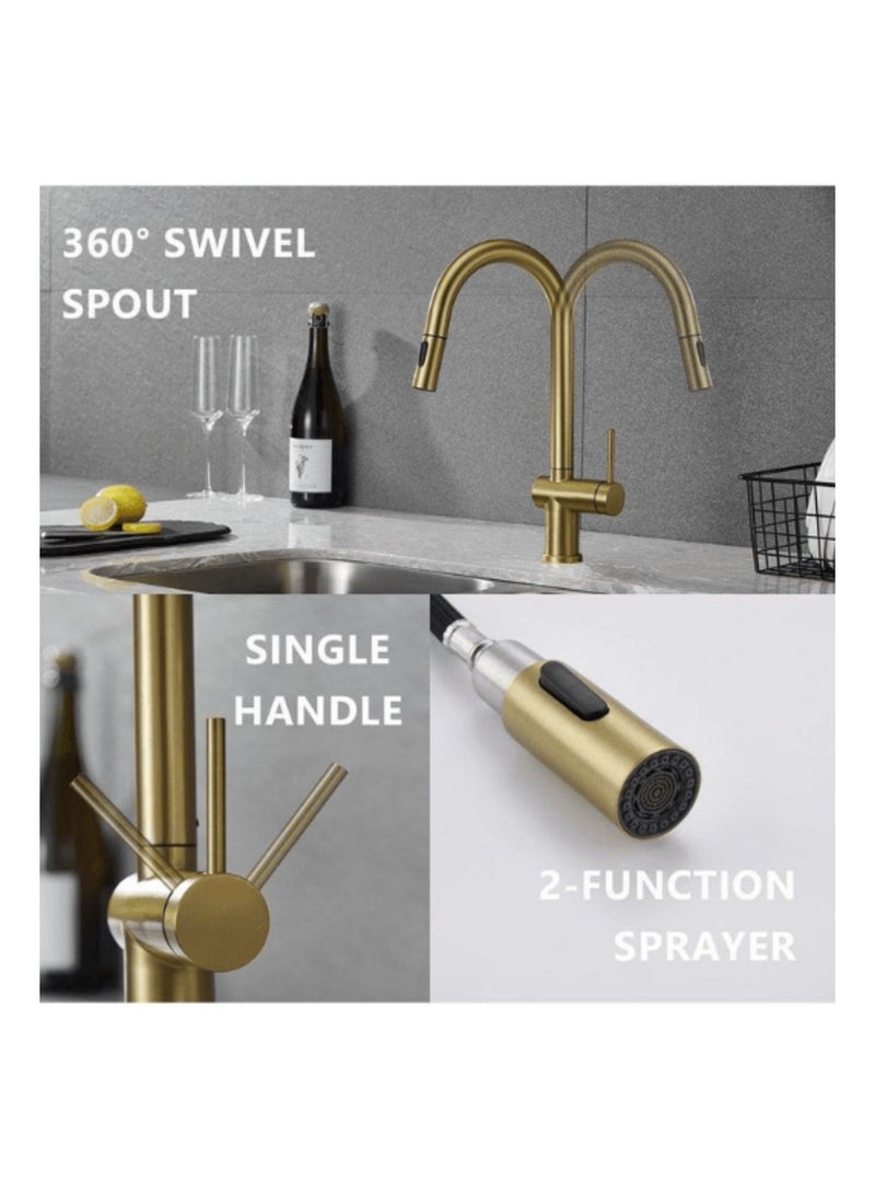 SUIZAK Kitchen Faucet with Pull Out Spray - SZF11804BG, Stainless Steel 304 Body & Handle, Brushed Gold Finish, Ceramic Cartridge (500K Cycles), 360° Rotation, Magnetic 2-Function Sprayer, Single Hole Installation - Image 4
