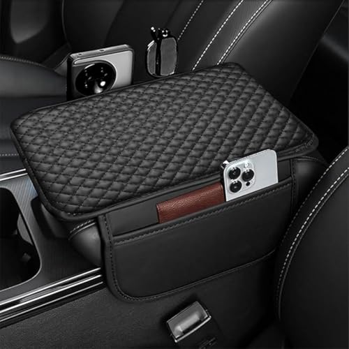 Lyrovo PU Leather Car Armrest Cushion Pad With Side Pockets, Universal Fit for All Car (Black) - Image 1