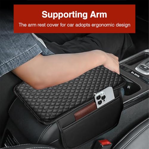 Lyrovo PU Leather Car Armrest Cushion Pad With Side Pockets, Universal Fit for All Car (Black) - Image 3