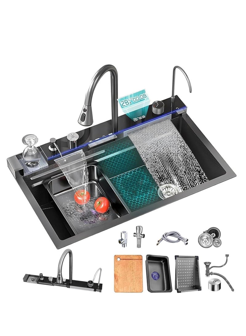 ULHYC Kitchen Sink, 304 Stainless Steel Waterfall Sink, Nano Workstation Sink with Digital Dispaly, Pull-out Faucet, Drop in Kitchen Sink with Accessories,Temperature real-time display (80×46×22cm) - Image 1
