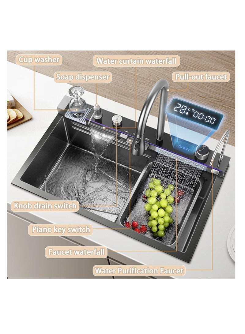 ULHYC Kitchen Sink, 304 Stainless Steel Waterfall Sink, Nano Workstation Sink with Digital Dispaly, Pull-out Faucet, Drop in Kitchen Sink with Accessories,Temperature real-time display (80×46×22cm) - Image 2