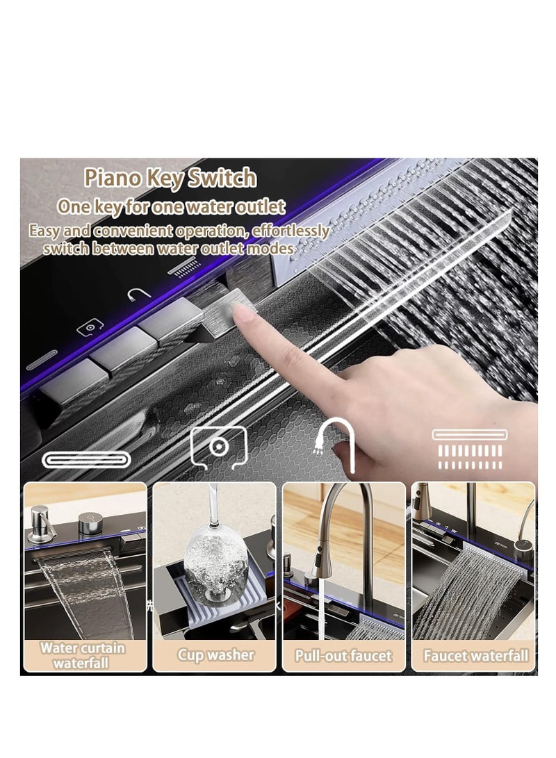 ULHYC Kitchen Sink, 304 Stainless Steel Waterfall Sink, Nano Workstation Sink with Digital Dispaly, Pull-out Faucet, Drop in Kitchen Sink with Accessories,Temperature real-time display (80×46×22cm) - Image 3