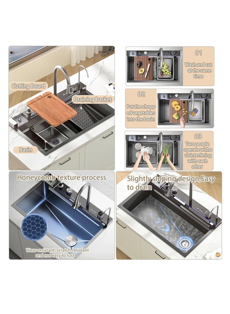 ULHYC Kitchen Sink, 304 Stainless Steel Waterfall Sink, Nano Workstation Sink with Digital Dispaly, Pull-out Faucet, Drop in Kitchen Sink with Accessories,Temperature real-time display (80×46×22cm) - Image 4