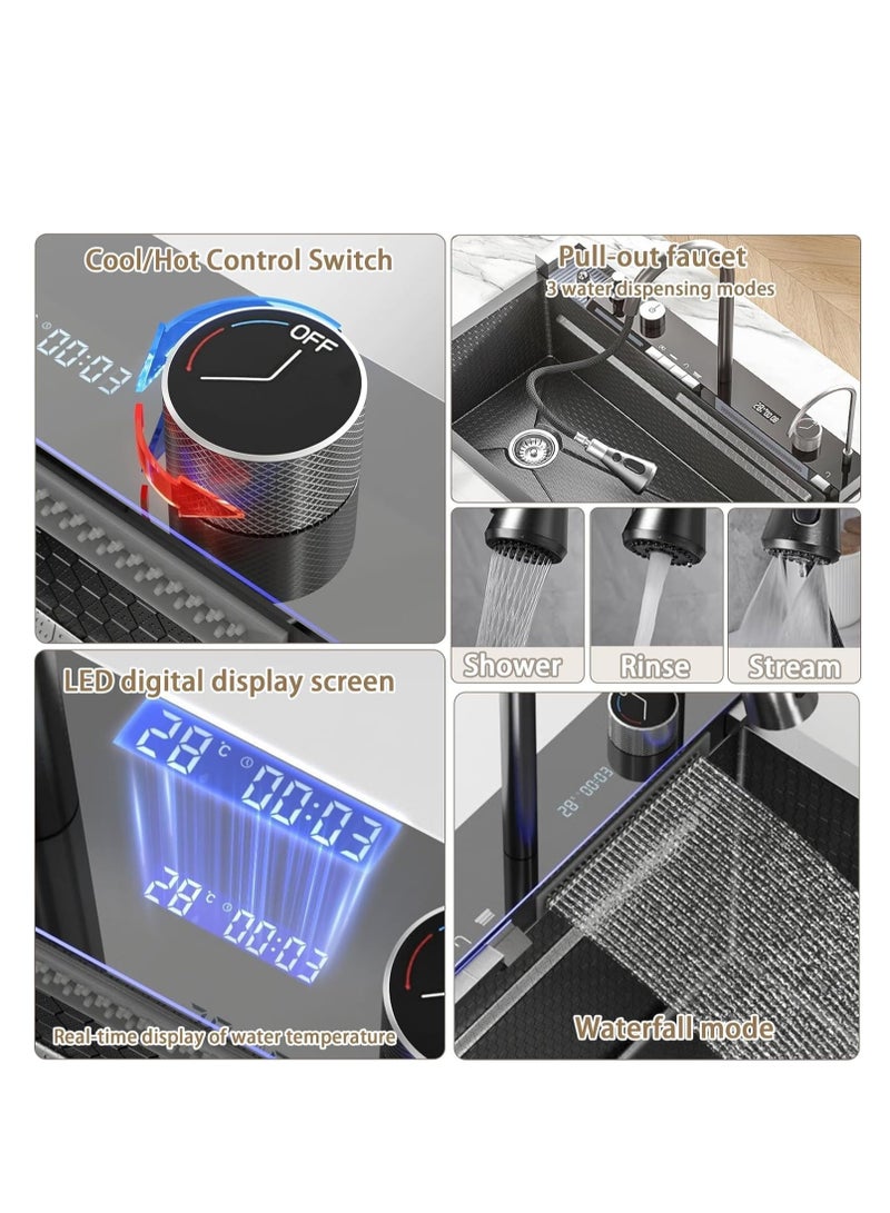 ULHYC Kitchen Sink, 304 Stainless Steel Waterfall Sink, Nano Workstation Sink with Digital Dispaly, Pull-out Faucet, Drop in Kitchen Sink with Accessories,Temperature real-time display (80×46×22cm) - Image 5