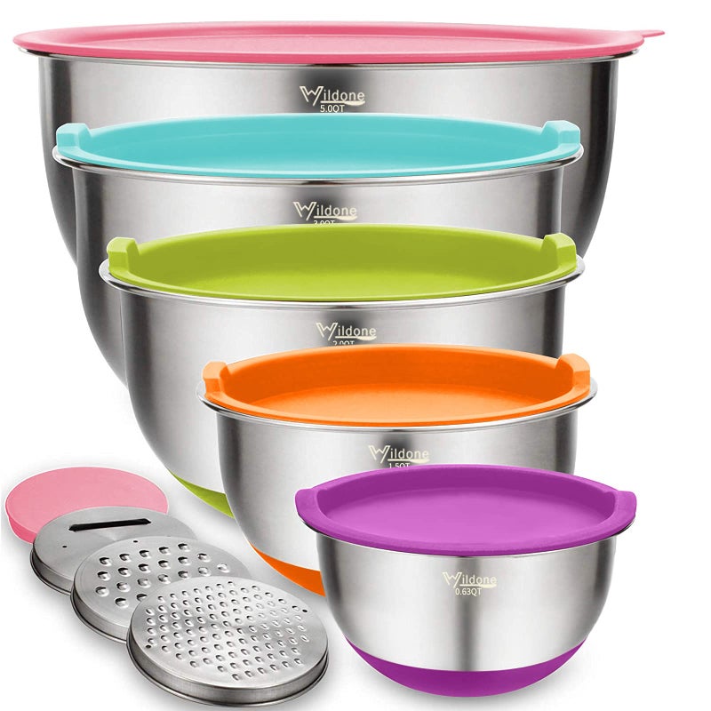 Wildone Mixing Bowls with Airtight Lids Set 5PCS Stainless Steel Nesting Bowls for Kitchen with Grater Attachments NonSlip Bottoms Size 5 3 2 15 063 QT for Baking Serving Colorful
