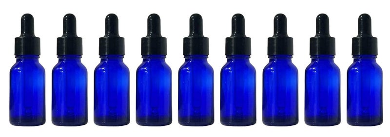 VOW 15 ML Blue Round Empty Glass Bottle Glass Dropper Black Ring Silicone Black Teat Refillable Reusable Leak Proof for Essential Oils PerfumesPack of 9 - Image 1