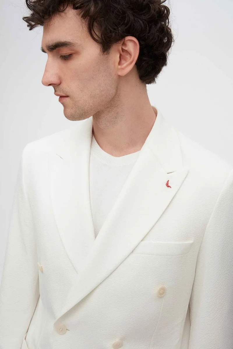 دي أس دامات Slim Fit Ecru Dobby Fabric Jacket 2HC04VH02488M