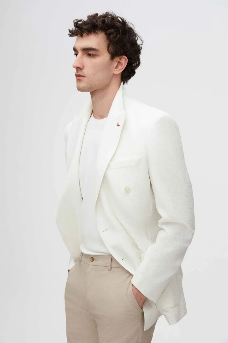 دي أس دامات Slim Fit Ecru Dobby Fabric Jacket 2HC04VH02488M