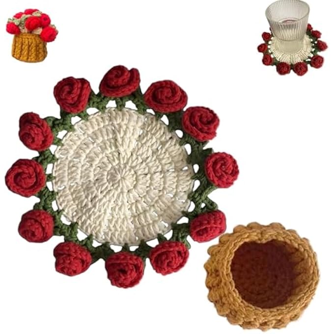 Bukela Handmade Crochet Flower Coaster Set Floral Crochet Coffee Mug Coaster Finished Product RoseLily Of The Valley Bouquet Coasters For Home Tabletop Decor Style A - Image 2