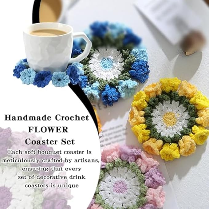 Bukela Handmade Crochet Flower Coaster Set Floral Crochet Coffee Mug Coaster Finished Product RoseLily Of The Valley Bouquet Coasters For Home Tabletop Decor Style A - Image 3