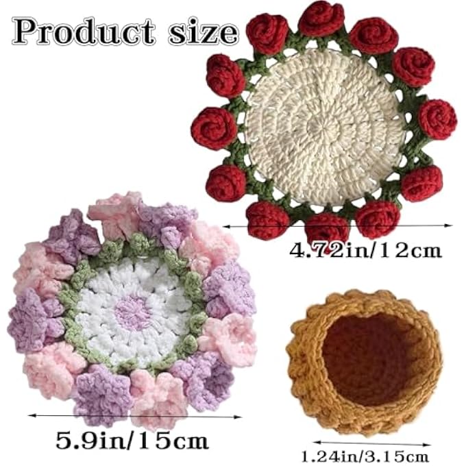 Bukela Handmade Crochet Flower Coaster Set Floral Crochet Coffee Mug Coaster Finished Product RoseLily Of The Valley Bouquet Coasters For Home Tabletop Decor Style A - Image 4