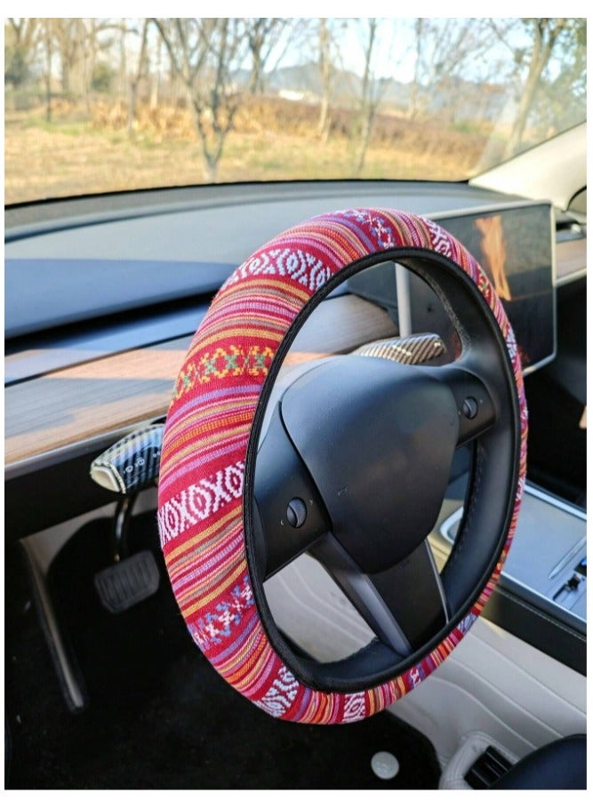 Generic Car Decorations Bohemian Woven Fabric Car Accessories Set 3pcs 1 Steering Wheel Cover 2 Front Seat Belt Covers for Car Interior Decoration and Protection - Image 4