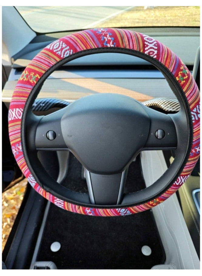 Generic Car Decorations Bohemian Woven Fabric Car Accessories Set 3pcs 1 Steering Wheel Cover 2 Front Seat Belt Covers for Car Interior Decoration and Protection - Image 5