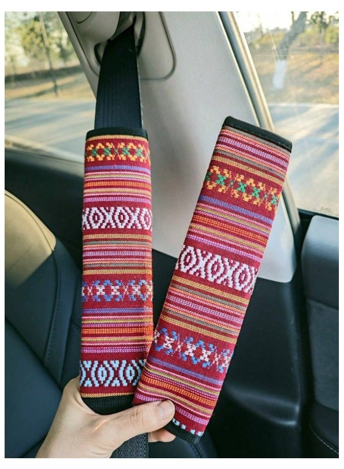 Generic Car Decorations Bohemian Woven Fabric Car Accessories Set 3pcs 1 Steering Wheel Cover 2 Front Seat Belt Covers for Car Interior Decoration and Protection - Image 3