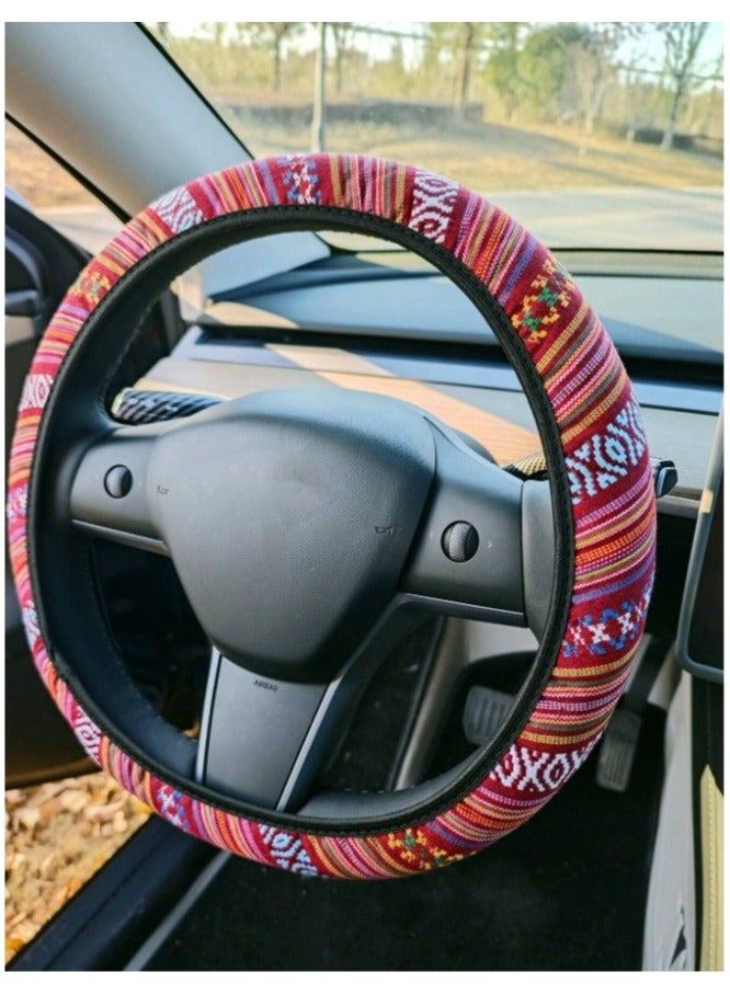 Generic Car Decorations Bohemian Woven Fabric Car Accessories Set 3pcs 1 Steering Wheel Cover 2 Front Seat Belt Covers for Car Interior Decoration and Protection - Image 2