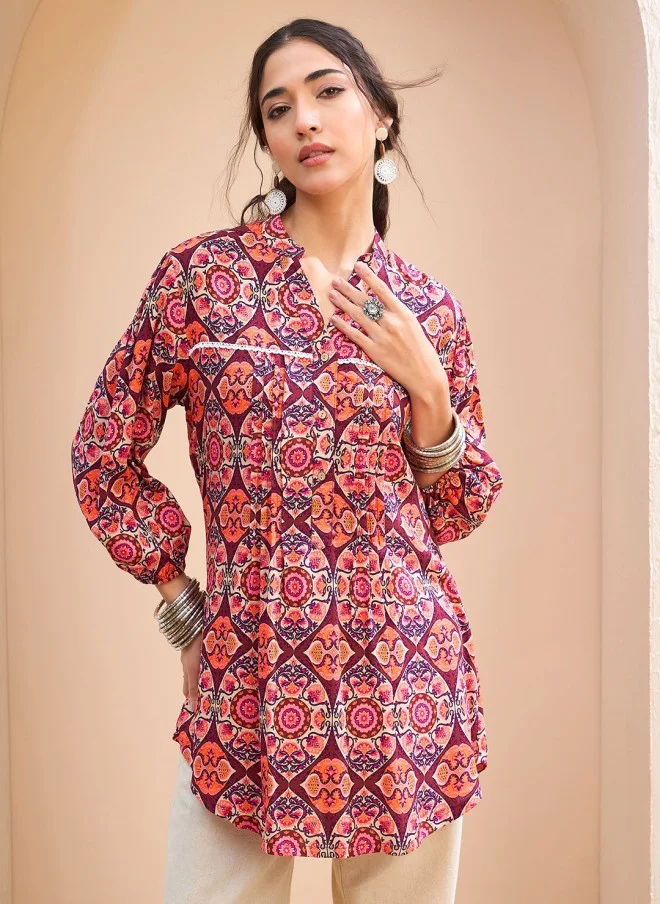 SASSAFRAS Floral Printed Pleated Kurti for Women