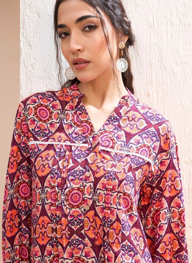 SASSAFRAS Floral Printed Pleated Kurti for Women