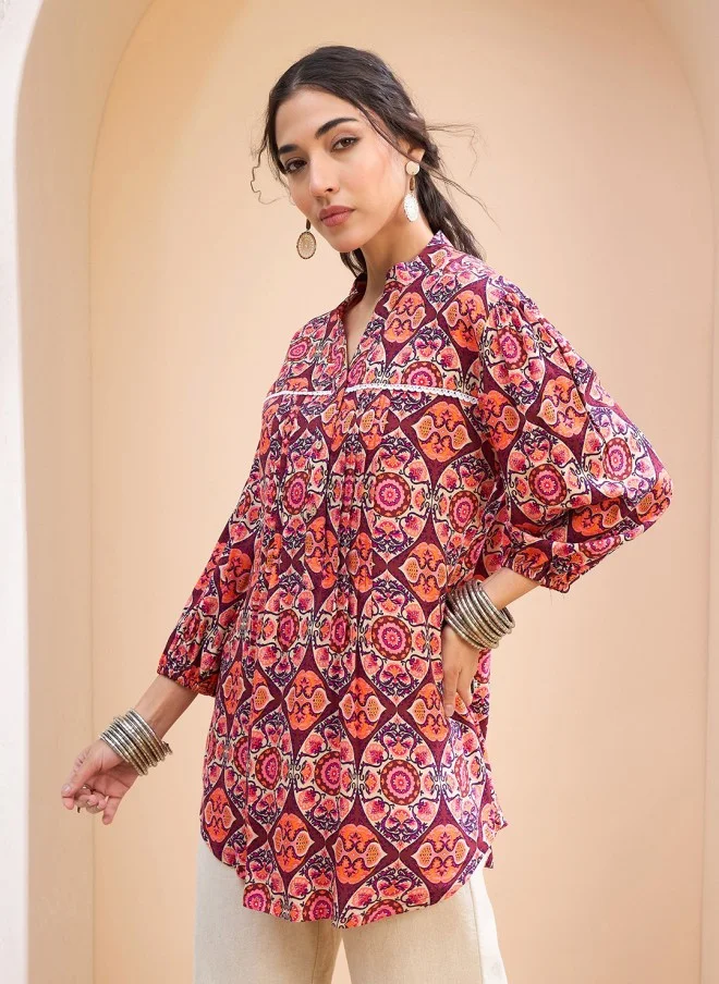 SASSAFRAS Floral Printed Pleated Kurti for Women
