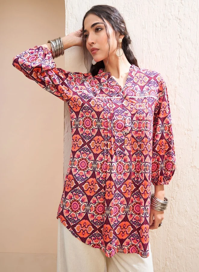 SASSAFRAS Floral Printed Pleated Kurti for Women