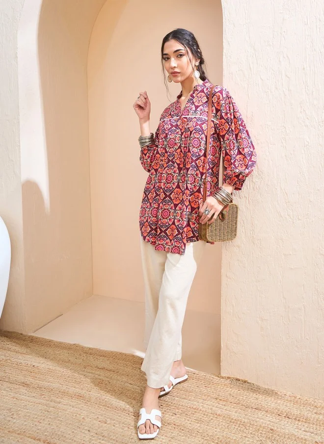 SASSAFRAS Floral Printed Pleated Kurti for Women