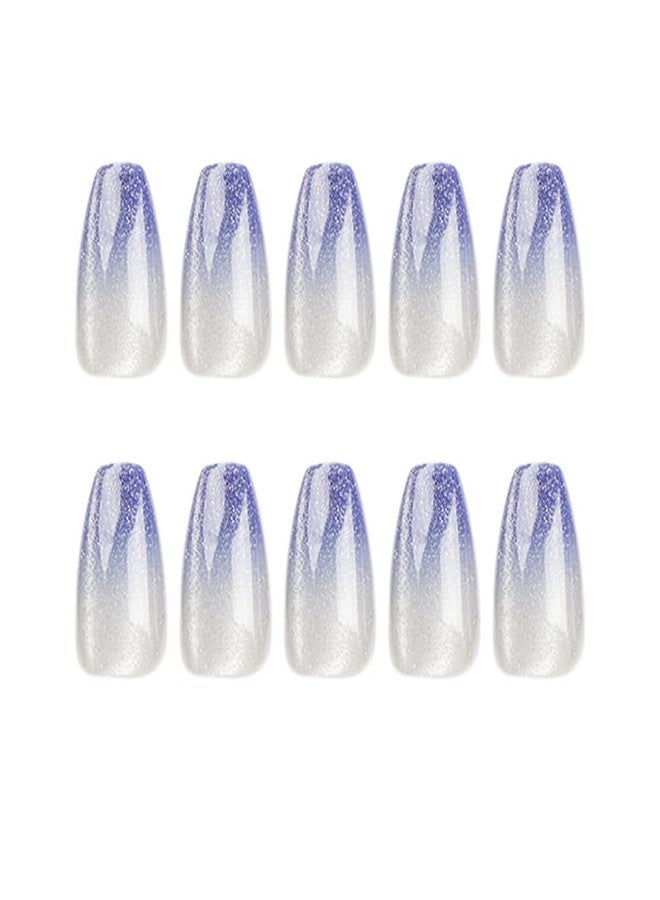 DOCVOEOMH Ombre Blue White Press on Nails Short Medium Coffin Acrylic Fake Nails with Glitter Design Glue on Glossy Full Cover Artificial Gel False Stick on Nail for Girls Women Wedding Manicure 24Pcs - Image 3