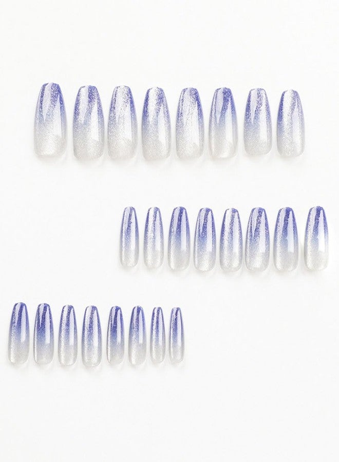 DOCVOEOMH Ombre Blue White Press on Nails Short Medium Coffin Acrylic Fake Nails with Glitter Design Glue on Glossy Full Cover Artificial Gel False Stick on Nail for Girls Women Wedding Manicure 24Pcs - Image 2