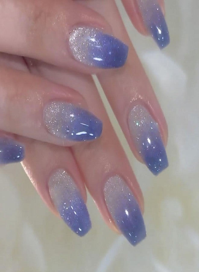 DOCVOEOMH Ombre Blue White Press on Nails Short Medium Coffin Acrylic Fake Nails with Glitter Design Glue on Glossy Full Cover Artificial Gel False Stick on Nail for Girls Women Wedding Manicure 24Pcs - Image 1