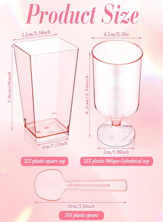 Funnymoom 100 Pcs Dessert Cups with Spoons Mini Clear Plastic Dessert Parfait Cup Round Goblet Square Glasses Plastic Spoons for Fruit Ice Cream Cake Wedding Bridal Shower Party Supplies (Pink) - Image 4