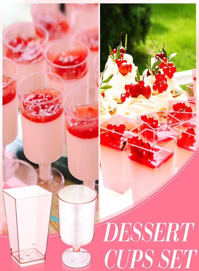 Funnymoom 100 Pcs Dessert Cups with Spoons Mini Clear Plastic Dessert Parfait Cup Round Goblet Square Glasses Plastic Spoons for Fruit Ice Cream Cake Wedding Bridal Shower Party Supplies (Pink) - Image 5